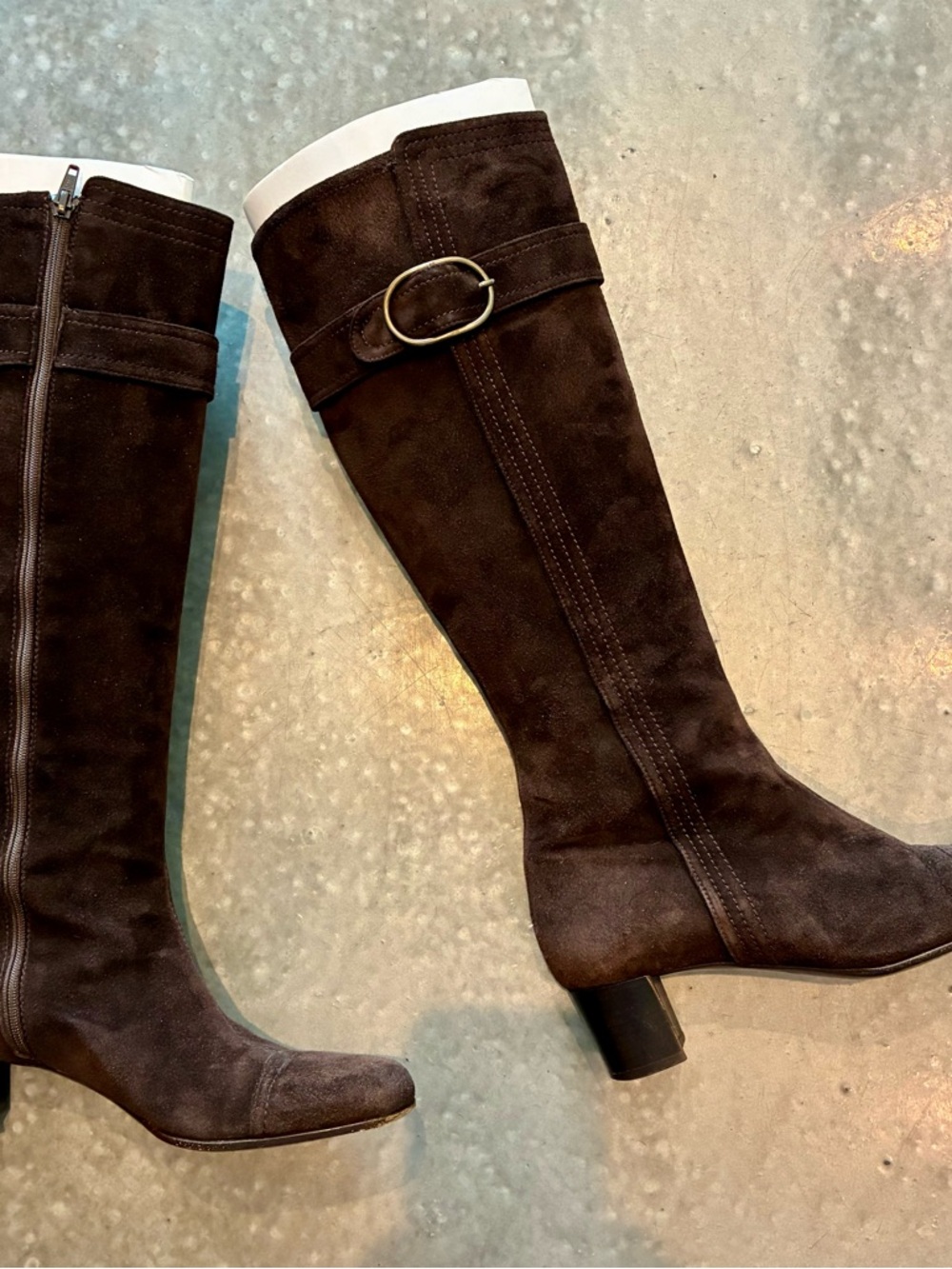 Chocolate Brown Knee-High Suede Stacked Heel Boots